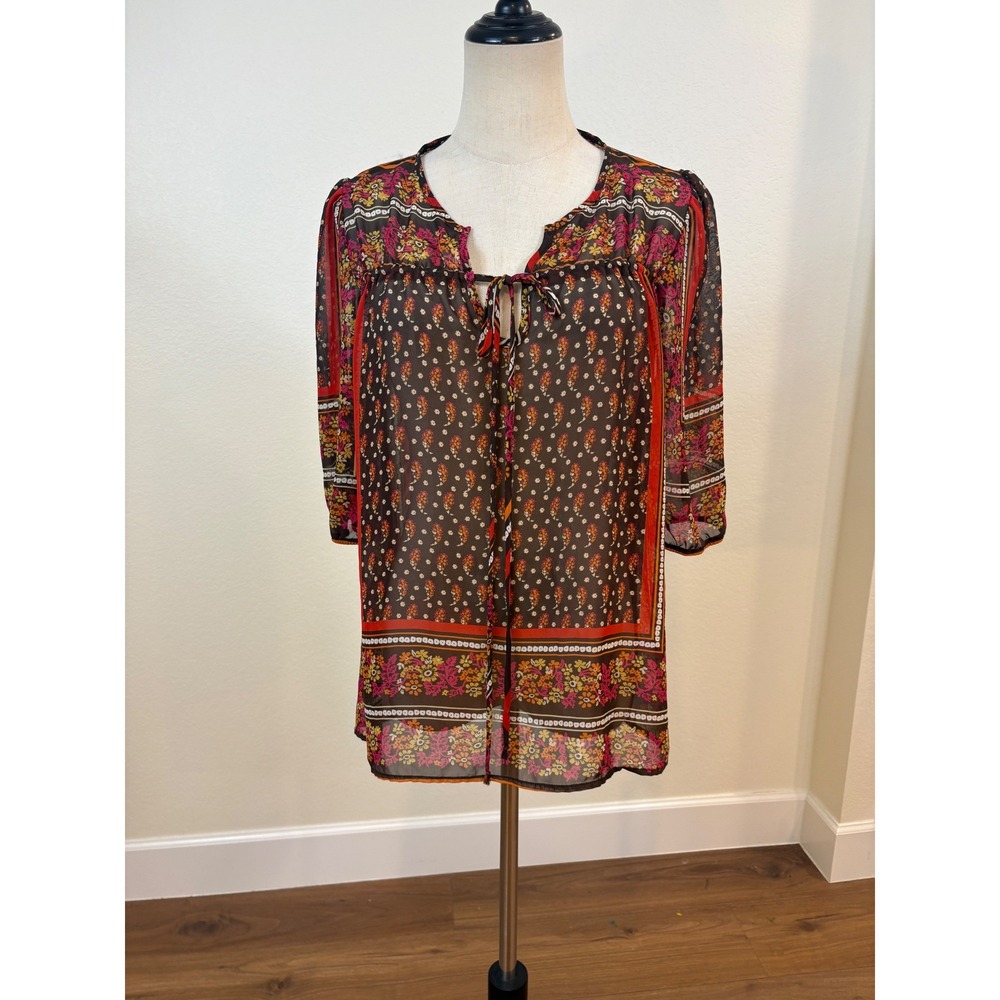 dELiA*s Tunic Top Women M Brown Sheer Boho Floral Paisley Retro Peasant Y2k‎ 70s